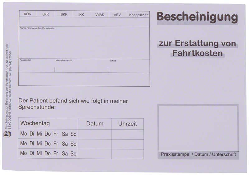 Bescheinigung zur Erstattung von Fahrtkosten